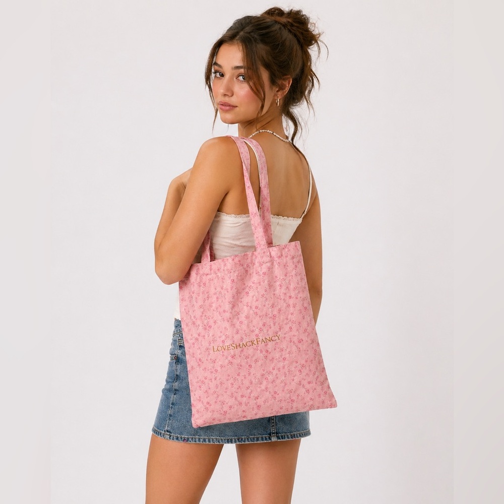 LoveShackFancy Pink Floral Cotton Canvas Tote Bag Gold Logo Ditsy Shopper Bag